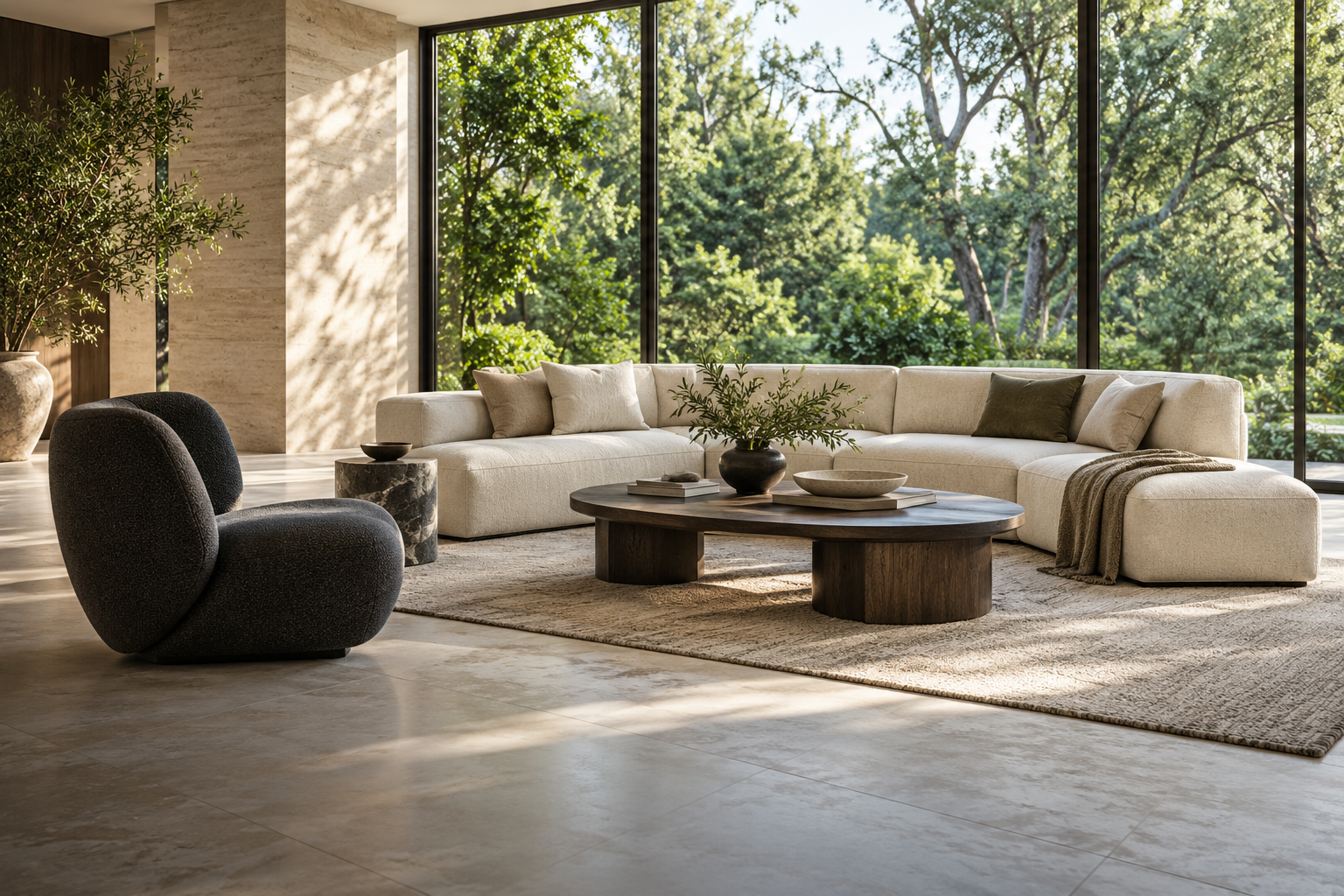 A relaxed living space with generous seating and garden views